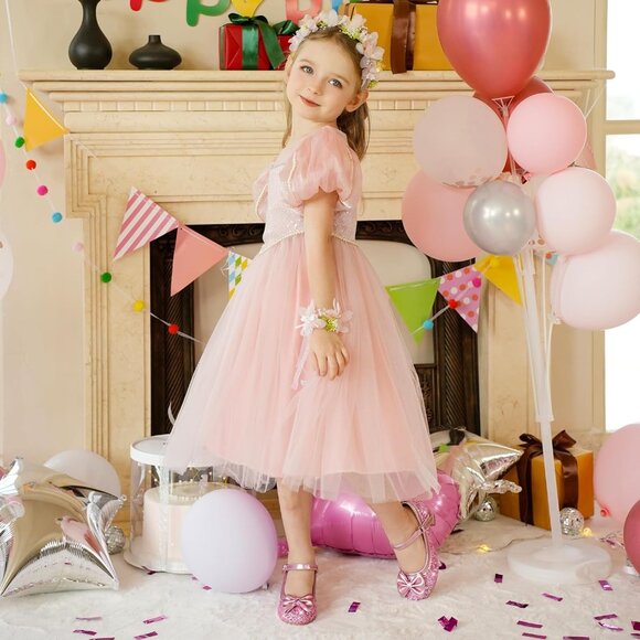 Girls Pink Sequins Cute Bow-knot Sparkle Mary Jane Flower Wedding Dress Shoes - Picture 3 of 7